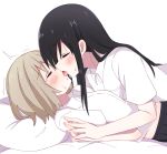  2girls absurdres black_hair blush brown_hair closed_eyes commentary_request french_kiss hanamura_koharu highres kiss long_hair mesushio multiple_girls pillow shirotsuki_mafuyu short_hair tongue tsurezure_biyori yuri 