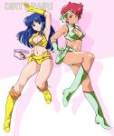  2girls arm_up armpits bandana blue_eyes blue_hair breasts brown_eyes cleavage cleavage_cutout clothing_cutout copyright_name dark_skin dirty_pair earrings gloves green_footwear green_gloves grin gun highres holding holding_gun holding_weapon holster jewelry kei_(dirty_pair) legs long_hair looking_at_viewer multiple_girls navel ohtado red_hair short_hair signature simple_background single_glove smile teeth thigh_holster weapon yellow_gloves yuri_(dirty_pair) 
