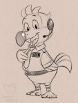  3_toes airline animal_crossing anthro avian beak belt bird clothing columbid corgi_(artist) dodo feathers feet headphones male microphone necktie nintendo orville_(animal_crossing) pantsless shirt smile smiley_face solo toes topwear wings 