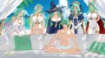  1boy 5girls abs arms_behind_back bikini black_dress black_headwear blue_sky breasts byleth_(fire_emblem) byleth_(male)_(fire_emblem) cloud commentary couch covered_navel day dress fire_emblem fire_emblem:_three_houses fire_emblem_heroes flower gradient_hair green_eyes green_hair hair_flower hair_ornament hands_on_own_knees hat highres large_breasts long_hair meme multicolored_hair multiple_girls multiple_persona navel pillow pink_hair piper_perri_surrounded_(meme) rhea_(fire_emblem) sendrawz side_slit sitting sky swimsuit symbol-only_commentary white_bikini white_dress witch_hat 