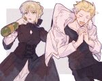  1boy 1girl artoria_pendragon_(fate) black_dress black_pants black_ribbon black_shirt blonde_hair blush_stickers border bottle braid breasts carnival_phantasm closed_eyes clothes_grab coat collarbone commentary_request cowboy_shot diamond_cutout dress drooling drunk earrings fate/stay_night fate_(series) french_braid frilled_sleeves frills fur-trimmed_coat fur_trim gilgamesh_(fate) grey_background hair_bun hair_ribbon heart highres holding holding_bottle interlocked_fingers jewelry long_sleeves machi_(uqyjee) mouth_drool open_clothes open_coat open_mouth outside_border own_hands_clasped own_hands_together pants pulling ribbon saber_alter shirt short_hair sidelocks simple_background single_hair_bun white_border white_coat yellow_eyes 