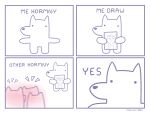  2020 ambiguous_gender anthro bad_english blue_and_white blush canid canine comic drawing_in_a_drawing english_text group hi_res holding_object humor mammal matte_exe monochrome simple_background solo_focus spot_color standing text white_background 