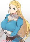  1girl arm_under_breasts blonde_hair braid breasts english_commentary ge-b gloves green_eyes hair_ornament hairclip highres large_breasts light_smile long_hair looking_at_viewer pants parted_bangs pointy_ears princess_zelda sidelocks smile solo the_legend_of_zelda the_legend_of_zelda:_breath_of_the_wild 