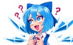  1girl :d ? blue_bow blue_eyes blue_hair bow cirno collared_shirt fang hair_between_eyes hair_bow hands_up hcnone highres ice ice_wings index_fingers_together looking_to_the_side neck_ribbon own_hands_together portrait red_ribbon ribbon shirt short_hair sideways_glance smile solo sweater touhou wings 