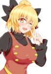  1girl ;d blonde_hair breasts commentary gradient_eyes hair_bun highres kurodani_yamame large_breasts long_sleeves looking_at_viewer multicolored_eyes one_eye_closed open_mouth red_eyes seo_haruto short_hair simple_background single_hair_bun slit_pupils smile solo touhou upper_body v white_background yellow_eyes 