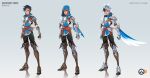  1girl absurdres armor black_hair black_pants blue_eyes blue_hood boots brown_footwear character_name clenched_hands closed_mouth concept_art english_commentary english_text fingerless_gloves freckles gloves helmet highres jewelry kaichangoz8068 knight logo looking_at_viewer official_art overwatch overwatch_2 pants pointy_ears scar scar_on_face scar_on_nose shoulder_armor simple_background solo standing tracer_(overwatch) white_background 