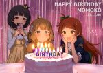  3girls ahoge birthday_cake black_hair blowing blue_eyes blue_jacket blush bob_cut brown_hair cake candle cellphone character_name commentary dated dress floral_print flower food hair_flower hair_ornament half-closed_eyes happy_birthday highres holding holding_phone idolmaster idolmaster_million_live! idolmaster_million_live!_theater_days jacket junkun148 long_hair looking_at_another medium_hair multiple_girls nakatani_iku ogami_tamaki open_mouth orange_eyes phone pink_background red_eyes short_hair short_sleeves sidelocks smartphone smile star_(symbol) star_print suou_momoko table teeth upper_teeth_only v-shaped_eyebrows wavy_hair yellow_dress 