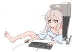  1girl ahoge baggy_clothes barefoot chair cup_ramen english_commentary gaming_chair hair_between_eyes highres keyboard_(computer) long_hair mouse_(computer) onii-chan_wa_oshimai! oversized_clothes oversized_shirt oyama_mahiro pipopainmyhouse shirt single_bare_shoulder sitting solo swivel_chair white_background 