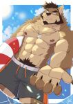  2023 abs anthro biceps blue_eyes bottomwear brown_body brown_fur canid canine canis chest_fur clothed clothing cloud day digital_media_(artwork) dog_tags eyebrow_slit fur hi_res kemono looking_at_viewer low-angle_view male mammal muscular muscular_anthro muscular_male nipples outside pecs pool_float pubes shorts sky smile solo sun swimming_trunks swimwear tan_body tan_fur teeth topless water wolf zen_crael 