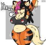  accessory anthro arcanine arm_tuft armpit_hair armpit_tuft belly belly_overhang big_butt black_hair body_hair breasts butt canid canine chest_tuft claws clothing crop_top curvy_female curvy_figure darkwolfhybrid dipstick_ears dreadlocks ear_piercing ear_ring eyebrows eyes_closed facial_piercing facial_tuft female fluffy fluffy_tail fur generation_1_pokemon hair hair_accessory hi_res highlights_(coloring) inner_ear_fluff mammal messy_hair multicolored_body multicolored_ears multicolored_fur navel neck_tuft nikole_(darkwolf) nintendo nose_piercing nose_ring open_mouth panties piercing pink_hair pokeball pokeball_clothing pokemon pokemon_(species) raised_arm ring_piercing shirt solo tail thick_eyebrows thick_thighs topwear tuft underwear yawn 
