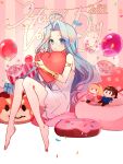  1girl 2022 ahoge armlet balloon bare_legs barefoot blue_eyes blue_hair blush bridal_gauntlets character_doll cunonn djeeta_(granblue_fantasy) dress full_body gran_(granblue_fantasy) granblue_fantasy hair_intakes happy_valentine heart long_hair lyria_(granblue_fantasy) parted_lips short_dress sitting sketch sleeveless sleeveless_dress solo straight_hair sundress very_long_hair white_dress 