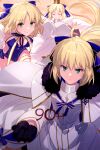  3girls ahoge armor armored_dress artoria_caster_(fate) artoria_caster_(swimsuit)_(fate) artoria_caster_(third_ascension)_(fate) artoria_pendragon_(fate) bare_shoulders black_gloves blonde_hair blue_hair blue_one-piece_swimsuit blue_ribbon blush bow breastplate breasts capelet cloak closed_eyes crown detached_sleeves dress echo_(circa) facial_mark fate/grand_order fate_(series) forehead_mark fur-trimmed_capelet fur-trimmed_cloak fur_trim gloves green_eyes hair_bow hair_ribbon long_hair long_sleeves looking_at_viewer medium_breasts multicolored_hair multiple_girls multiple_persona one-piece_swimsuit ponytail ribbon swimsuit thighs tonelico_(fate) twintails two-tone_hair very_long_hair white_capelet white_cloak white_dress white_ribbon white_sleeves wide_sleeves 