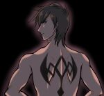  1boy aura bare_arms bare_back bare_shoulders black_background bozel_(langrisser) brown_hair corruption dark_persona frown glowing hm_(artist) langrisser langrisser_mobile looking_back mark_of_bozel matthew_(langrisser) possessed red_eyes short_hair tattoo wehttam_(langrisser) 