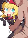  1boy 1girl apron black_capelet black_gloves black_headwear black_skirt black_vest blonde_hair blue_eyes blush blush_stickers bow bowtie breasts bright_pupils brown_apron buttons capelet clothed_female_nude_male clothed_sex commentary cookie_(touhou) elbow_gloves feet_out_of_frame gloves hat hetero highres hospital_king kirisame_marisa medium_bangs medium_breasts medium_hair meguru_(cookie) motion_lines nude open_mouth red_bow red_bowtie sex simple_background skirt solo_focus tearing_up teeth thick_eyebrows tongue tongue_out touhou upper_teeth_only vest waist_apron white_background white_pupils witch_hat 