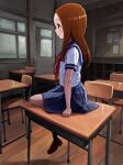  1girl absurdres blue_skirt brown_eyes brown_footwear brown_hair classroom closed_mouth desk from_side highres indoors karakai_jouzu_no_takagi-san kotatsumuri_(yaugau) long_hair neckerchief on_desk red_neckerchief sailor_collar school_desk school_uniform serafuku short_sleeves sitting sitting_on_desk skirt socks solo takagi-san white_socks window 