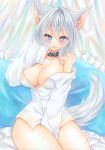  1girl animal_ears areola_slip black_collar blue_eyes breasts cleavage collar commentary_request grey_hair hair_intakes highres large_breasts long_sleeves medium_hair natsume_nadeshiko open_mouth original shirt sitting solo tail white_shirt 