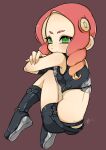  1girl absurdres ass belt black_footwear black_shirt black_shorts boots crossed_arms curly_hair fetal_position forehead from_behind green_eyes highres knees_to_chest knees_up legs long_hair looking_at_viewer looking_back midriff octoling octoling_girl red_hair shirt shisyamotyan short_shorts shorts sleeveless sleeveless_shirt solo splatoon_(series) suction_cups tentacle_hair thighs 