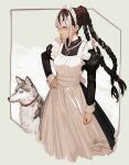  1girl black_dress black_hair braid dog dress hairband hand_on_own_hip highres husky isshiki_(ffmania7) jewelry juliet_sleeves long_hair long_sleeves looking_to_the_side maid maid_headdress multicolored_hair necklace original puffy_sleeves serious solo spiked_hairband spikes twin_braids two-tone_hair victorian_maid white_hair 