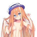  1girl akikawa_yayoi_(umamusume) arm_at_side blush breasts closed_mouth collarbone dotodo fingernails flower hair_between_eyes hat highres horse_girl looking_at_viewer nude orange_hair portrait simple_background small_breasts solo umamusume white_background 