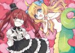  2girls ahoge blonde_hair blue_bow blue_eyes blush bow breasts brown_hair commentary_request dress eyepatch frilled_dress frills gothic_lolita hair_bow hair_censor hair_over_breasts hanazono_yurine hat heart heart_hands heart_pillow jashin-chan jashin-chan_dropkick lamia lolita_fashion long_hair looking_at_viewer lying medical_eyepatch mini_hat monster_girl multiple_girls navel nude on_back pillow pink_eyes small_breasts smile twintails two-tone_dress yukiwo 