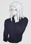 1boy black_shirt final_fantasy final_fantasy_i grey_background hand_to_own_face hand_up highres long_hair long_sleeves male_focus nini_tw99 purple_eyes serious shirt simple_background skin_tight solo turtleneck warrior_of_light_(ff1) white_hair 