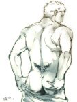  1boy ass ass_grab bara blonde_hair clothes_pull feet_out_of_frame from_behind grabbing_own_ass implied_yaoi kyosuke male_focus muscular muscular_male pants pants_pull reiner_braun shingeki_no_kyojin short_hair sketch solo standing topless_male 