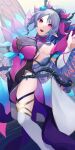  1girl :d absurdres armpits bare_shoulders boots breasts bridal_gauntlets cleavage covered_navel facial_mark fairy_wings fire_emblem fire_emblem_heroes flower forehead_mark grey_hair hair_flower hair_ornament highres ikura_(downdexp) large_breasts long_hair looking_at_viewer navel official_alternate_costume pink_eyes plumeria_(fire_emblem) plumeria_(rapturous_dream)_(fire_emblem) pointy_ears ponytail sideboob signature smile solo thigh_boots thorns very_long_hair white_footwear wings 