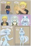  absurd_res alolan_form alolan_ninetales anthro areola big_breasts blonde_hair blue_areola blue_body blue_fur blue_nipples blush breast_growth breasts clothing colored comic decourem dialogue english_text female fur gender_transformation growth hair hi_res human long_hair looking_at_mirror looking_at_object male mammal mirror mtf_transformation nintendo nipples nude pokemon pokemon_(species) pokemon_card pokemon_transformation regional_form_(pokemon) running solo species_transformation speech_bubble surprised_expression tail text torn_clothing transformation 