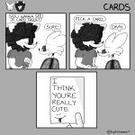  3_panel_comic absurd_res anthro canid canine canis card card_trick comic dialogue duo felid hi_res kyleslameart lion male male/male mammal pantherine smile speech_bubble text wolf 