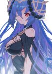  1girl bare_shoulders black_dress blue_hair breasts charlotte00802 dragalia_lost dress expressionless from_side hair_between_eyes hair_ornament highres long_bangs long_hair looking_at_viewer multicolored_hair origa_(dragalia_lost) purple_hair red_eyes solo two-tone_hair upper_body very_long_hair white_background 