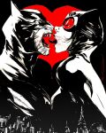  1boy 1girl animal_ears artist_request bat_ears batman blood catwoman cityscape dc_comics fake_animal_ears fangs halloween heart hetero horror_(theme) night red_eyes signature superhero tongue tongue_out vampire 