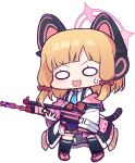  1girl :d absurdres animal_ear_headphones animal_ears assault_rifle battle_rifle black_skirt black_thighhighs blonde_hair blue_archive blue_necktie blush bow chibi collared_shirt fake_animal_ears full_body gun h&amp;k_g3 hair_bow halo headphones highres holding holding_gun holding_weapon jacket long_sleeves looking_at_viewer momoi_(blue_archive) necktie off_shoulder panatisia pink_footwear red_bow rifle shirt shoes sidelocks simple_background skirt sleeves_past_wrists smile solo standing suspender_skirt suspenders sweat tail thighhighs v-shaped_eyebrows weapon white_background white_jacket white_shirt wide_oval_eyes wide_sleeves 