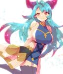  1girl aqua_hair arms_behind_back black_thighhighs breasts dragalia_lost dragon_girl dragon_horns fukumitsu_0025 green_eyes highres horns large_breasts legs_up long_hair looking_at_viewer mercury_(dragalia_lost) midair multicolored_hair red_hair smile solo thighhighs watermark 