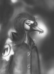  anatid anseriform anserinae anthro avian bird blurred_background bust_portrait clothing eyebrows felix_lundqvist hair long_hair looking_at_viewer makaronnie male monochrome mute_swan portrait punk realistic solo swan uniform 