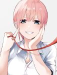  1girl absurdres blue_eyes breasts clenched_teeth go-toubun_no_hanayome hand_on_own_chest highres large_breasts looking_at_viewer mame1645 nakano_ichika pinky_out shirt short_hair smile solo string string_of_fate teeth upper_body white_shirt 