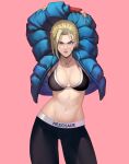  1girl arms_behind_head artist_name black_sports_bra blonde_hair blue_coat blue_eyes breasts cammy_white coat fingerless_gloves gloves lips long_bangs looking_at_viewer medium_breasts meziosaur pink_background puffy_coat red_gloves short_hair solo spandex sports_bra street_fighter street_fighter_6 upper_body v-shaped_eyebrows 