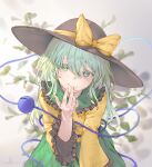  1girl collared_shirt commentary frilled_sleeves frills green_eyes green_hair green_skirt hat highres io_(io_oekaki) komeiji_koishi long_sleeves ribbon shirt skirt solo third_eye touhou wavy_hair wide_sleeves yellow_ribbon yellow_shirt 