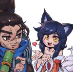  1boy 1girl :d ahri_(league_of_legends) animal_ears bamboo bare_shoulders black_hair brown_hair collarbone facial_mark fang fox_ears fox_girl fox_tail hand_up heart kumiho league_of_legends long_hair off_shoulder orange_eyes phantom_ix_row ponytail scar scar_on_face scar_on_nose slit_pupils smile tail teeth upper_teeth_only whisker_markings yasuo_(league_of_legends) 
