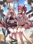  2girls :d apple arknights bikini black_bikini breasts cleavage cup demon_horns flower food fruit hair_flower hair_ornament highres holding holding_cup holding_food holding_fruit holding_spoon horns ice_cream infection_monitor_(arknights) large_breasts long_hair mudrock_(arknights) mudrock_(silent_night)_(arknights) multiple_girls navel official_alternate_costume oripathy_lesion_(arknights) pointy_ears purple_eyes red_eyes red_hair sarong smile spoon star_(symbol) star_hair_ornament surtr_(arknights) surtr_(colorful_wonderland)_(arknights) swimsuit swimsuit_cover-up tanagawa_makoto thigh_strap very_long_hair white_hair 