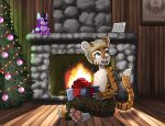  2018 anthro christmas christmas_present christmas_tree clothed clothing dyson_(eldiman) eldiman felid fireplace gift hi_res holidays male mammal pantherine plant solo tiger topless tree young 