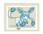  animal_focus asafiy blue_eyes blue_skin border colored_skin commentary_request dot_nose glaceon grey_background highres ice no_humans pokemon pokemon_(creature) prehensile_ribbon solo tail translation_request white_border 