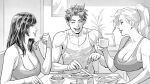  1girl 2boys bare_arms bread breasts cirenk cleavage closed_eyes commission cup eating felicia_hardy food fork fried_egg greyscale highres holding holding_cup holding_fork indoors kitchen large_breasts lips long_hair looking_at_another marvel mary_jane_watson monochrome multiple_boys open_mouth peter_parker ponytail shirt sitting sleeveless sleeveless_shirt smile spider-man_(series) table tank_top upper_body 
