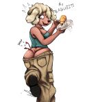  anon2000000 anthro big_butt blonde_hair boots bottomwear bottomwear_down bread breasts butt canid canine canis cargo_pants clothed clothes_falling_off clothing croissant digital_media_(artwork) domestic_dog embarrassed female fluffy fluffy_ears fluffy_hair food footwear freckles fur hair hi_res holding_food holding_object looking_back mammal motion_lines nails neck_tuft one_leg_up open_mouth pants pants_down partially_clothed plate poodle poofy_hair raised_leg red_clothing red_thong red_underwear shirt shocked simple_background solo solo_focus standing surprise tailless tank_top teal_topwear teeth thong tongue topwear torn_clothing tuft underwear wardrobe_malfunction wide_hips 