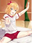  1girl absurdres ass_peek bare_legs barefoot blonde_hair blush commission dated green_eyes gym_uniform hairband highres idolmaster idolmaster_cinderella_girls indoors looking_at_viewer maremay0513 name_tag outstretched_arms outstretched_legs pixiv_commission red_hairband red_shorts sakurai_momoka short_sleeves shorts signature smile solo 