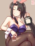  1girl artist_logo black_hair black_pantyhose blush bottle breasts brown_eyes collarbone couch crossed_legs cup detached_collar drinking_glass ice indoors kanon_(kurogane_knights) kantai_collection large_breasts leotard long_hair looking_at_viewer nachi_(kancolle) one-hour_drawing_challenge pantyhose playboy_bunny ponytail purple_leotard side_ponytail sitting smile solo very_long_hair 