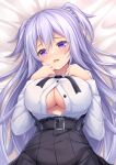  1girl absurdres black_skirt blush breasts button_gap cleavage_cutout clothing_cutout commission covered_nipples gakusen_toshi_asterisk highres large_breasts long_hair long_sleeves looking_at_viewer on_bed open_mouth oppai_loli pixiv_commission purple_eyes purple_hair shirt skirt solo toudou_kirin underbust wakagi_repa white_shirt 