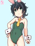  1girl alternate_costume animal_ears artist_logo ass_visible_through_thighs bare_shoulders black_hair blurry blurry_background blush covered_navel cowboy_shot dated detached_collar fake_animal_ears green_eyes kanon_(kurogane_knights) kantai_collection leotard looking_at_viewer matsukaze_(kancolle) one-hour_drawing_challenge playboy_bunny rabbit_ears short_hair smile solo strapless strapless_leotard wavy_hair wrist_cuffs 