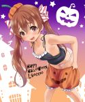  1girl blush bow bow_panties brown_eyes brown_hair character_name collarbone fang feet_out_of_frame hair_between_eyes halloween halloween_costume happy_halloween highres kantai_collection libeccio_(kancolle) long_hair neko_danshaku official_alternate_costume open_mouth orange_shorts panties pumpkin_hat shorts skin_fang solo striped striped_panties twintails underwear 