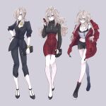  1girl alternate_hairstyle black_dress blue_eyes blush business_suit casual copyright_request dress fate/grand_order fate_(series) glasses grey_eyes hair_over_one_eye highres jacket kriemhild_(fate) long_hair looking_at_viewer open_clothes open_jacket suit sweater veil 