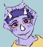  2023 3_horns anthro blue_background ceratopsian digital_drawing_(artwork) digital_media_(artwork) dinosaur drugs eyelashes female frill_(anatomy) goodbye_volcano_high hair horn looking_at_viewer meme multi_horn ornithischian purple_body purple_eyes purple_hair purple_scales reptile scales scalie short_hair simple_background smile snoot_game solo stoned substance_intoxication triceratops trish_(gvh) unknown_artist 